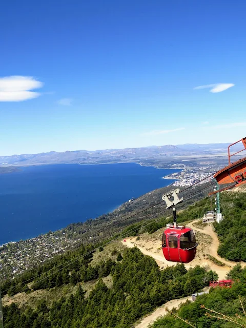 Cable car at Telerifico Cerro Otto with view of Lake Nahuel Huapi below in Bariloche Argentina