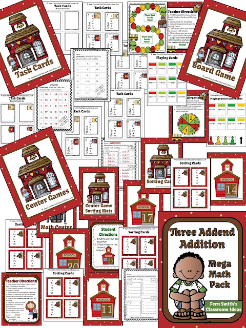 Fern Smith's Classroom Ideas Three Addend Addition Center Games, Task Cards, Recording Sheets, Board Game, Interactive Notebook Activities, Color By Number Printable Worksheets and Answer Keys!