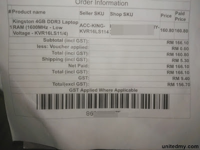 Receipt 4GB RAM from Lazada 