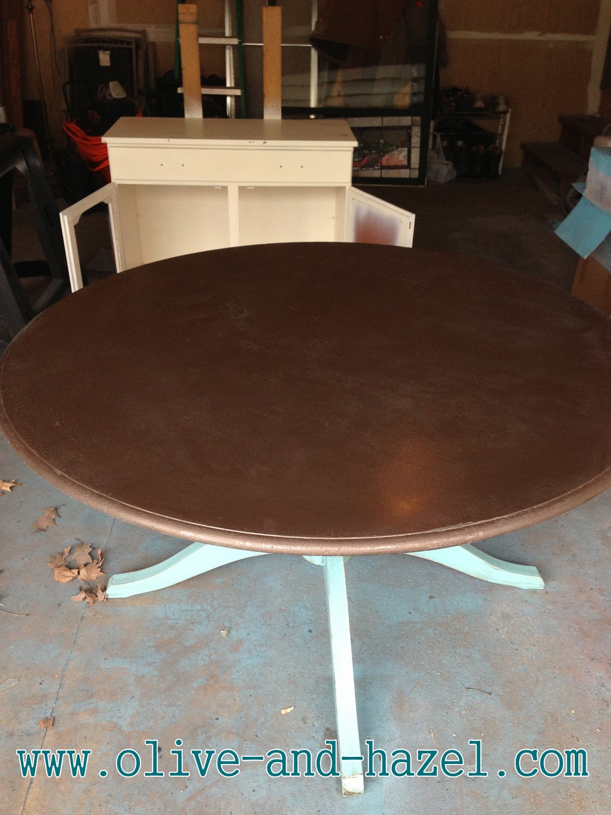 olive + hazel decor co. Aqua distressed pedestal table w/ textured faux hammered bronze top SOLD