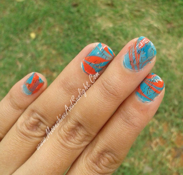 Water Marble Nail art teal and orange , LYN nail polish 