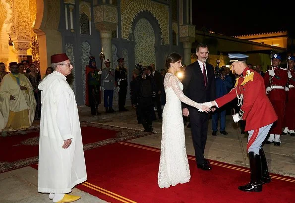 Queen Letizia wore a lace dress by Felipe Varela, diamond earrings