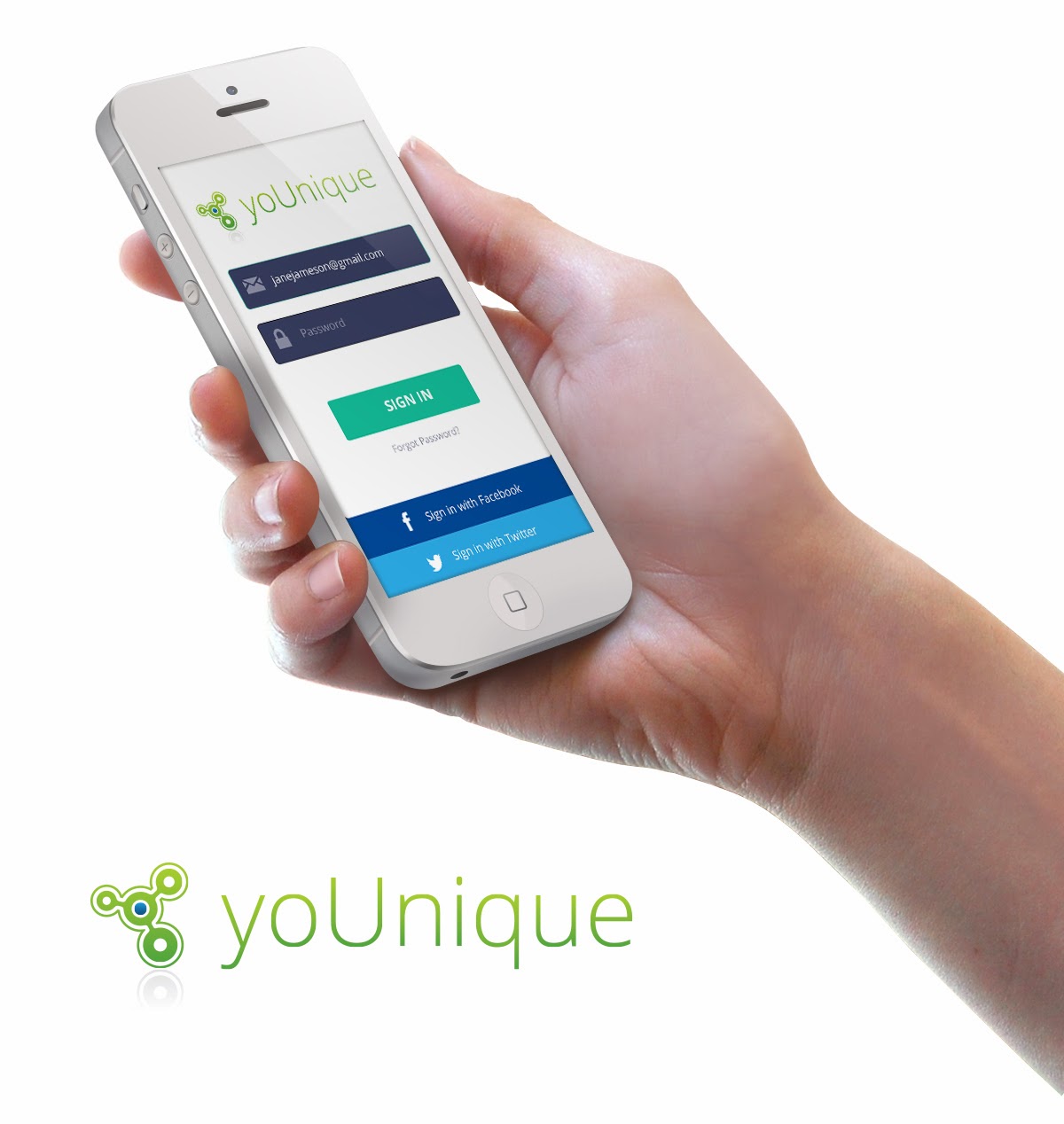 YoUnique logo and login screen