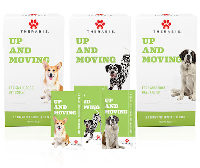 Close-up of Therabis Up and Moving dog supplement pack options based on dog's weight