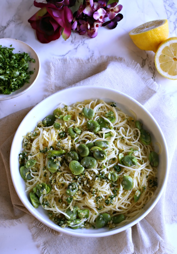 Pasta with fava beans and lemony garlic breadcrumbs