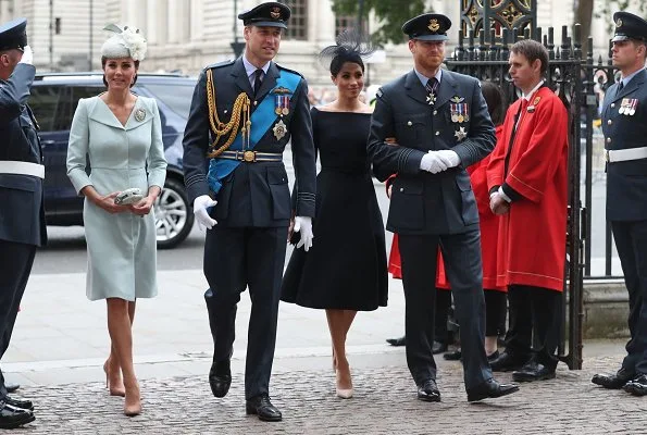 Countess Sophie wore Suzannah Wave Textured Stripe Dress, Meghan Markle wore Dior navy fit and flare dress with bateau neckline. Kate Middleton