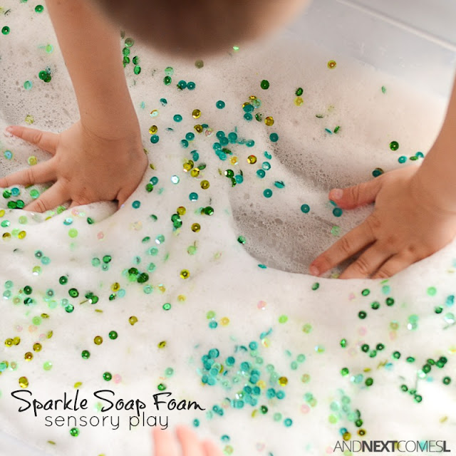 Sparkle soap foam sensory bin for kids from And Next Comes L