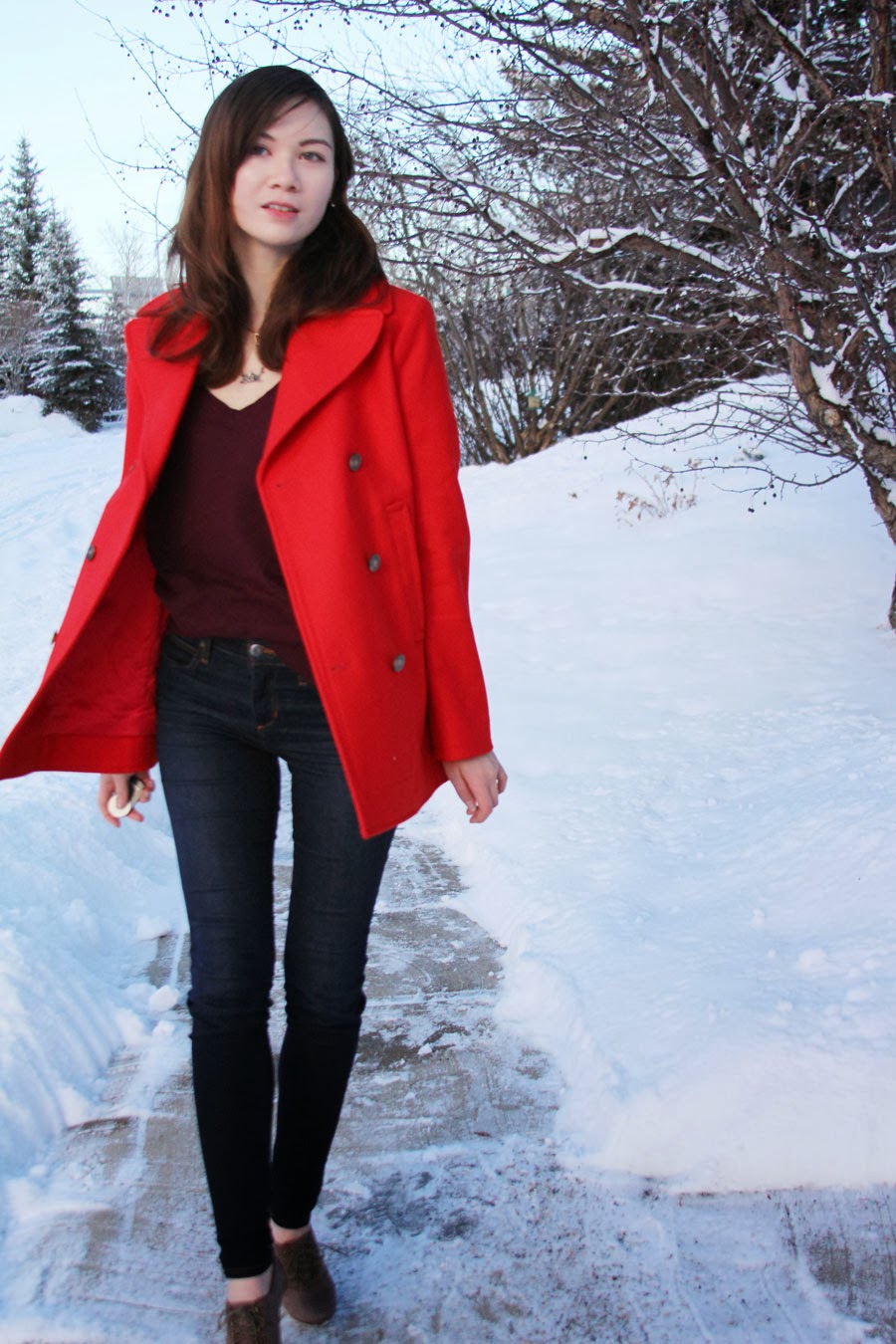 winter fashion, H&M, Joe's Jeans, red jacket, Club Monaco