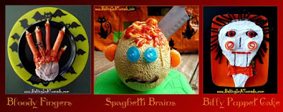 Halloween foods: Bloody Fingers, Spaghetti Brains, Billy the Puppet Cake | www.BakingInATornado.com | #food #Halloween