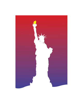 white shape of statue of liberty with a red and blue background