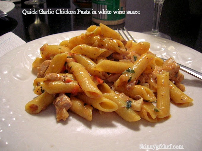 Quick Garlic Chicken Pasta, with fresh tomatoes and white wine sauce