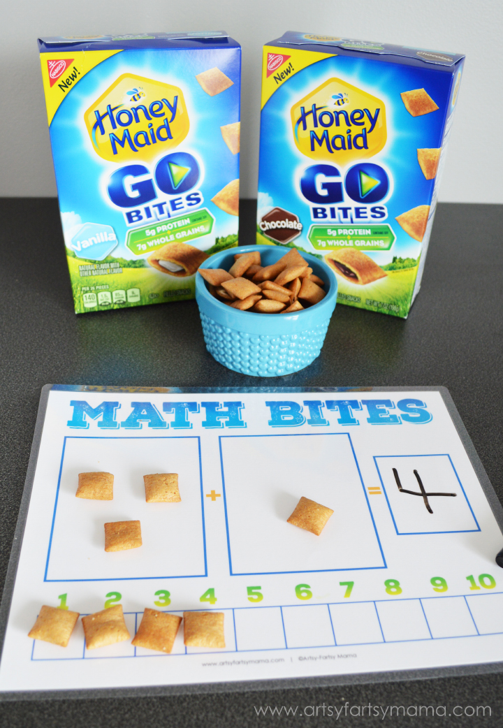 Teach Your Child Addition at Snack Time with Free Printable Math Bites Worksheet at artsyfartsymama.com