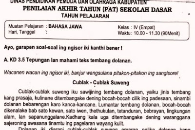 Soal Ulangan Bahasa Jawa Kelas 4 Semester 2 K13 Informasi Pendidikan