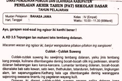 Soal Ulangan Bahasa Jawa Kelas 4 Semester 2 K13 