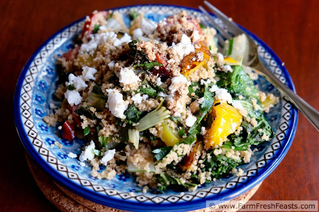 A concept recipe for using Spring farm share greens in a hearty main dish salad. Grill a protein, some vegetables, and a green, then toss with a grain and some cheese for a simple salad supper.
