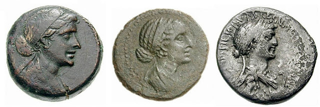 Портреты Клеоптары VII на различных монетах, отчеканенных в её правление в Александрии и Триполисе (Сирия). I в. до н. э.