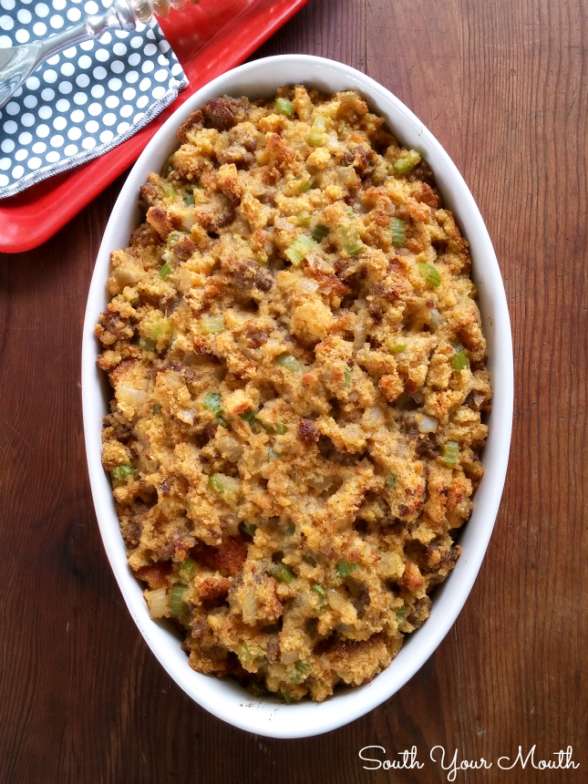 Southern Cornbread Dressing with Sausage! This is a super easy recipe made extra special with sausage crumbles (optional) and cornbread.
