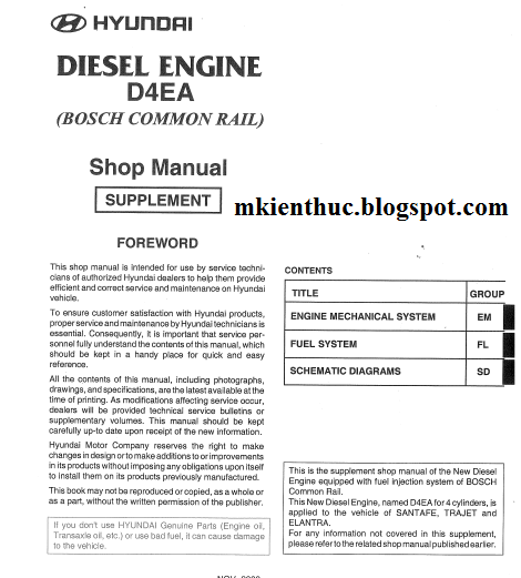 Tài liệu sửa chữa động cơ Diesel D4EA hyundai