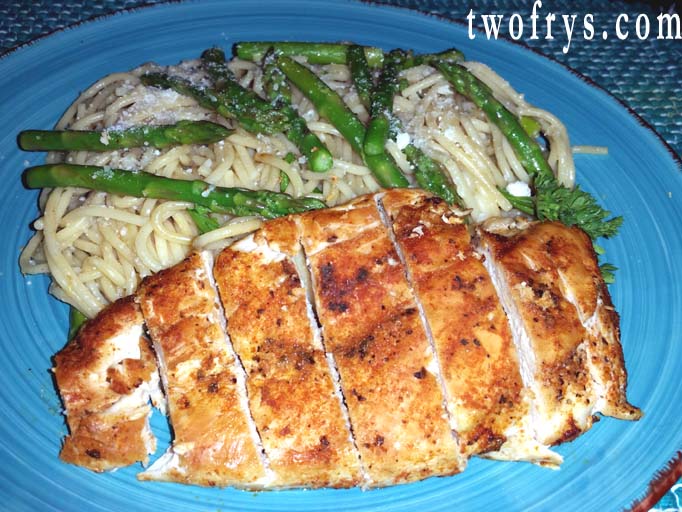 Two Frys Chicken Breast and Spaghetti with Asparagus, Garlic and Olive Oil
