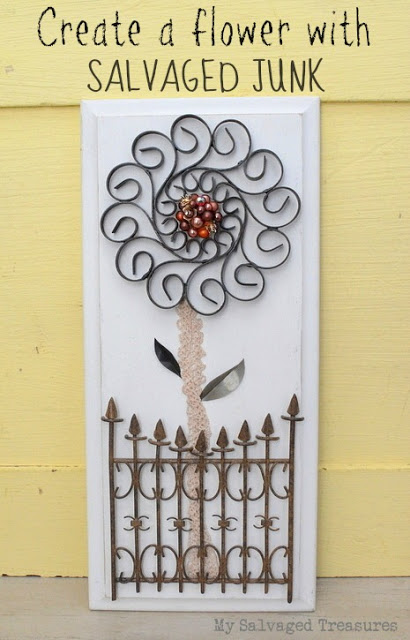 Create a Flower with Salvaged Junk / MySalvagedTreasures.com flower wall art created with salvaged bits and pieces