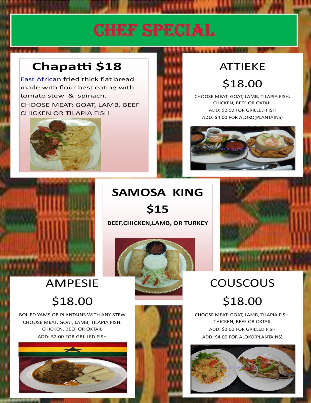 Owner african grill and bar menu 2017
