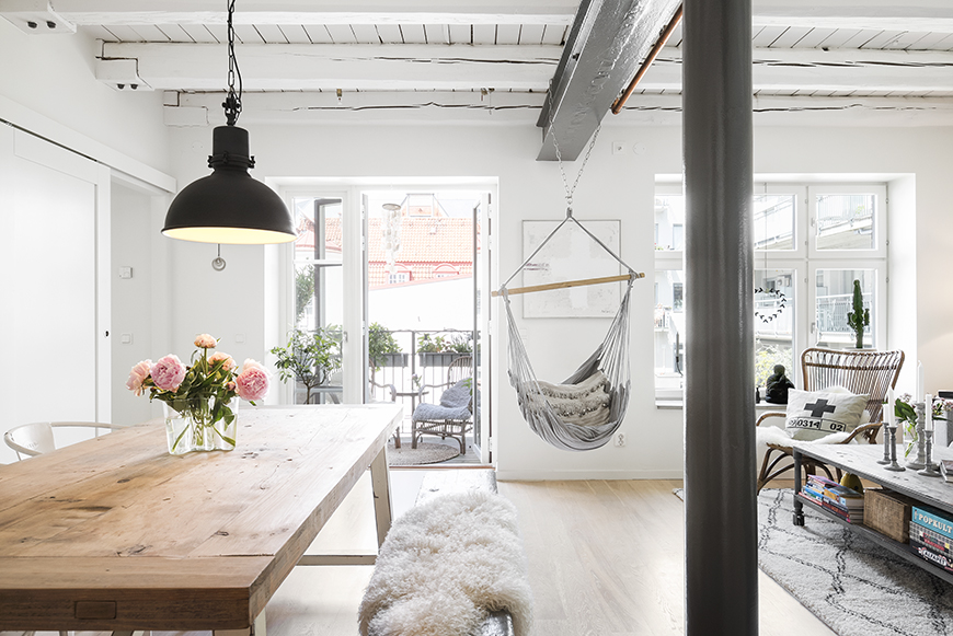 nordic loft with industrial elements and bohemian style