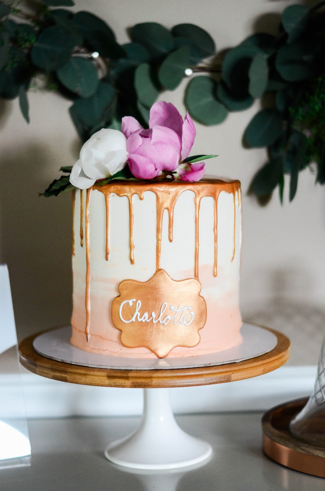 pink and rose gold baby shower cake
