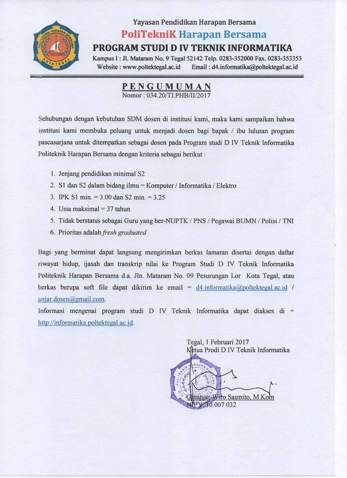 Lowongan Dosen Prodi Teknik Informatika Politeknik Harapan Bersama