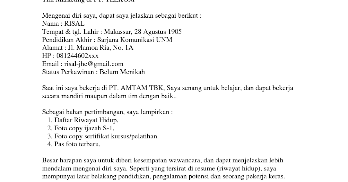 Contoh Surat Lamaran Pekerjaan Terpisah Dengan Riwayat