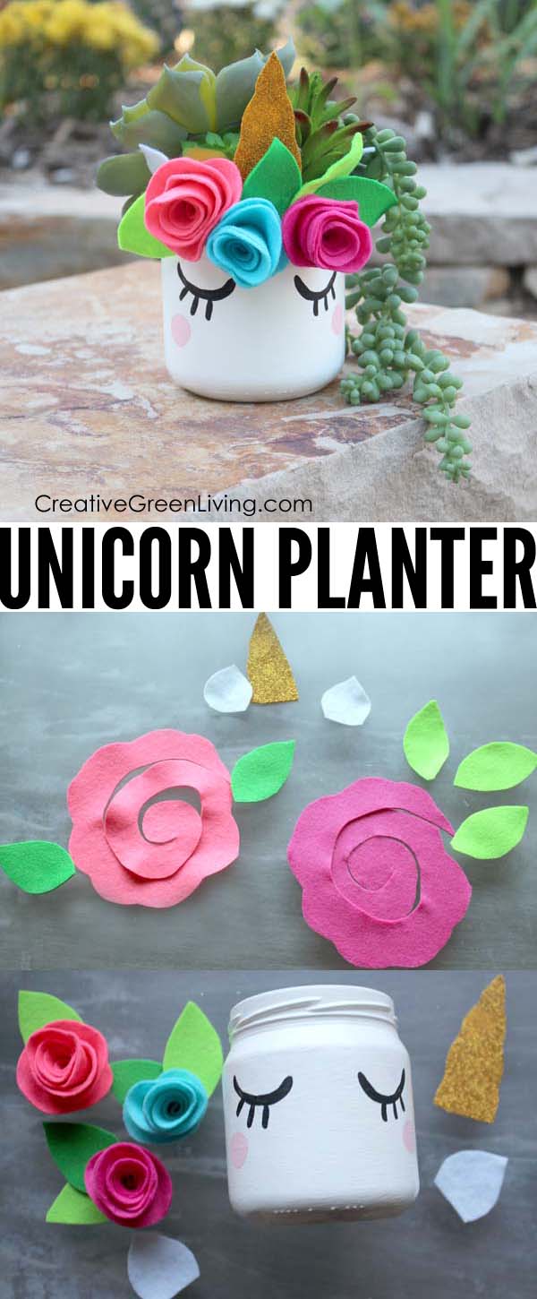 How to make a DIY unicorn mason jar succulent planter with a flower crown. A group of these would make the perfect centerpiece and favor for birthday parties! This craft tutorial even comes with a free downloadable unicorn horn and flower crown pattern to make it easy to make! #unicorn #unicorncrafts #masonjar #masonjarcrafts #succulents