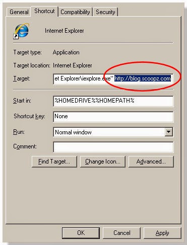 remove pop-ups generating adware link from Internet Explorer Shortcut properties