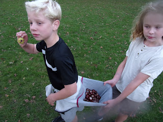 using kids jumper to collect conkers autumn