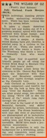 Original 1939 review about the Wizard of OZ