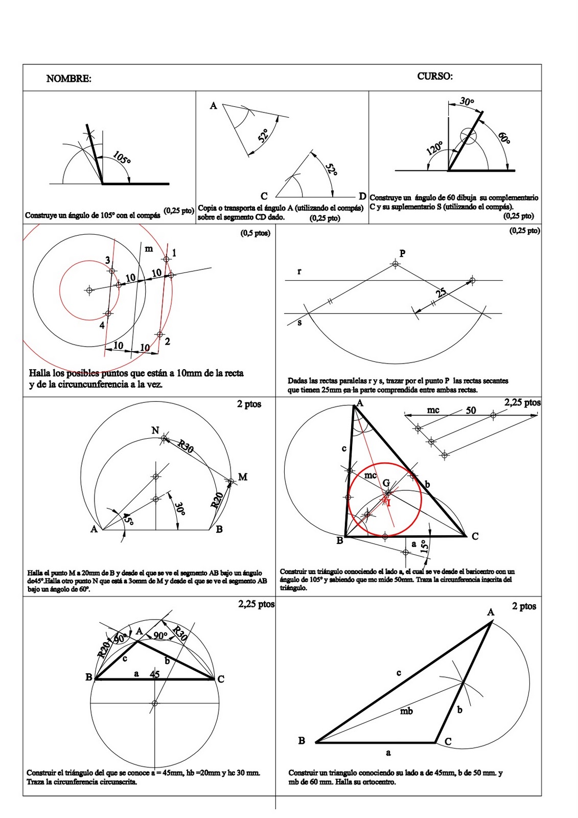 DIBUJO TÉCNICO 1º BACHILLERATO Examen triángulos y solución DIBUJO TÉCNICO 1º BACHILLERATO Examen triángulos y solución