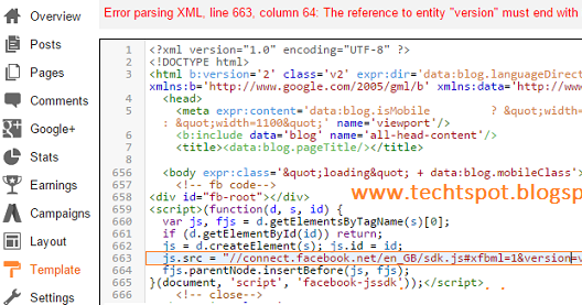 fix facebook xml code error in blogger