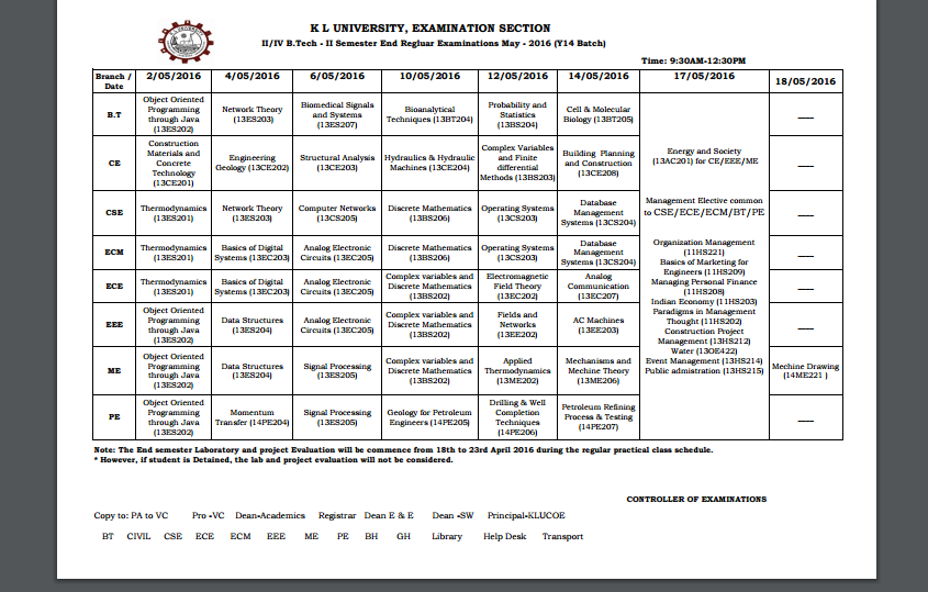 II YEAR EXAM TIME TABLE ENGINEERING