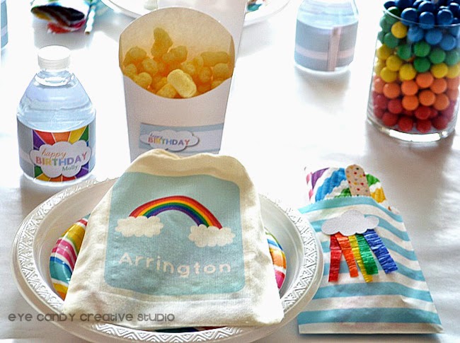 rainbow party decor ideas, rainbow water bottle labels, rainbow candy, rainbow party place setting