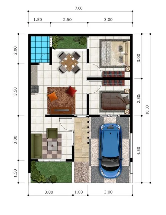 denah rumah minimalis dengan lebar 7 meter 1 lantai
