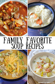 Easy Family Favorite Soup Recipes from stovetop to crock pot include Cheesy Taco Soup, Crock Pot Potato Soup, Chicken and Dumplings, Bacon and Corn Chowder, Beef Stew, Vegetable Beef Soup, Taco Soup, and more.