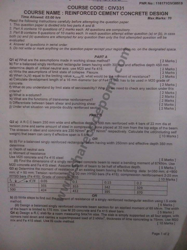CIV331 Reinforced Cement Concrete Design End Term Exam Question Paper