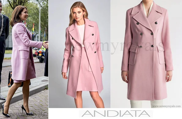 The Crown Princess wore ANDIATA Ceri Coat. This double breasted military inspired coat has large gun metal buttons. Team it with a matching LENE 55 skirt.