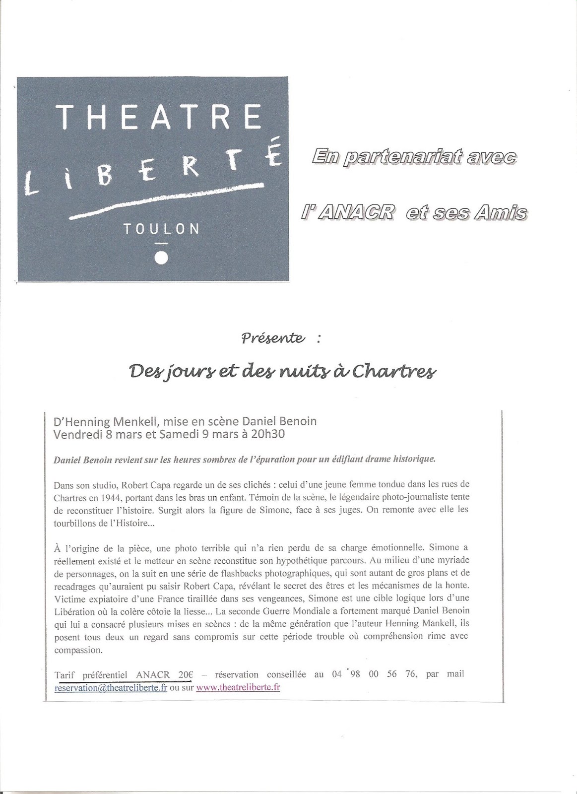 LDH LA SEYNESURMER Théâtre Liberté 8 et 9 mars 20 h 30 Des jours et des nuits à Chartres LDH LA SEYNESURMER Théâtre Liberté 8 et 9 mars 20 h 30 Des jours et des nuits à Chartres