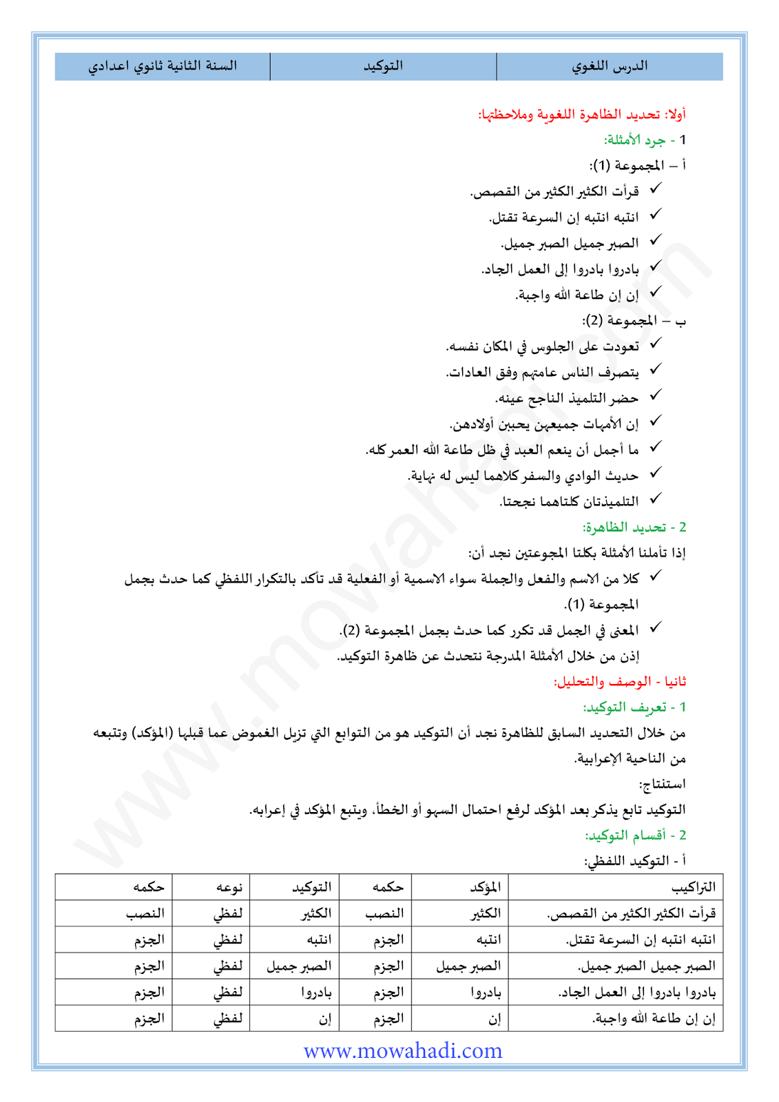 درس التوكيد للسنة الثانية اعدادي - مادة اللغة العربية -