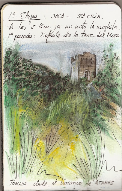 Dibujo que representa la torre de Boalar en el Camino Aragonés