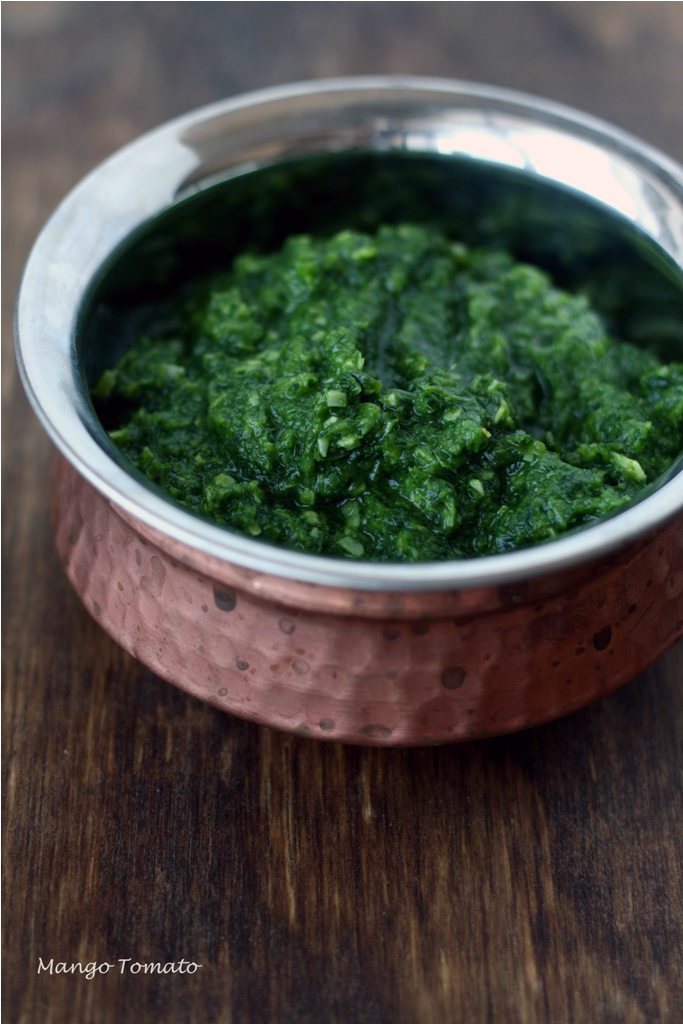 Mango & Tomato Mint & Parsley Chili Chutney & an Indian snack