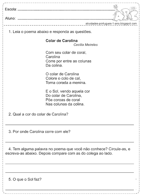 Leia o poema e responda as questões