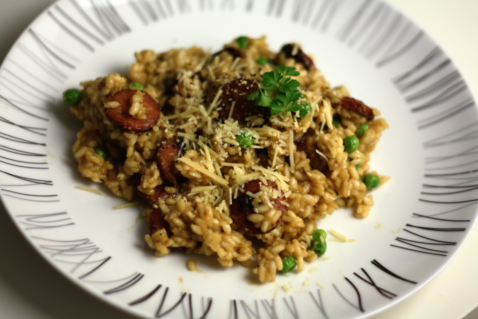 Chorizo Sausage, Mushroom and Green Pea Risotto