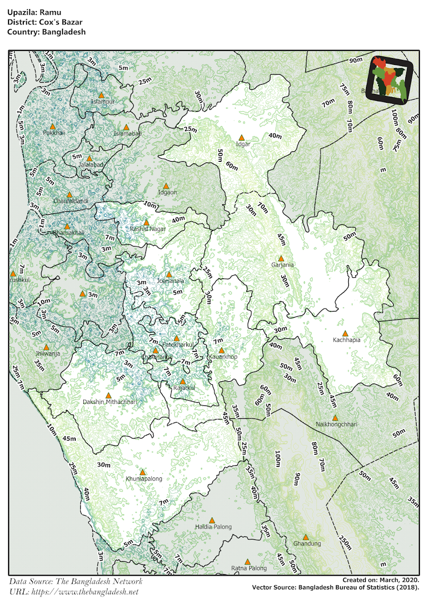 Ramu Upazila Elevation Map Cox's Bazar District Bangladesh