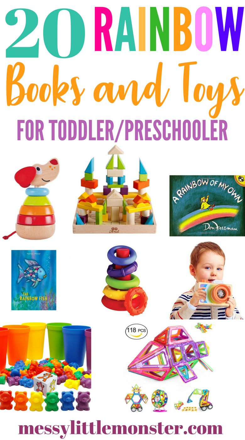 Rainbow themed toys and books for toddler and preschoolers. Kids will love these must have rainbow items.