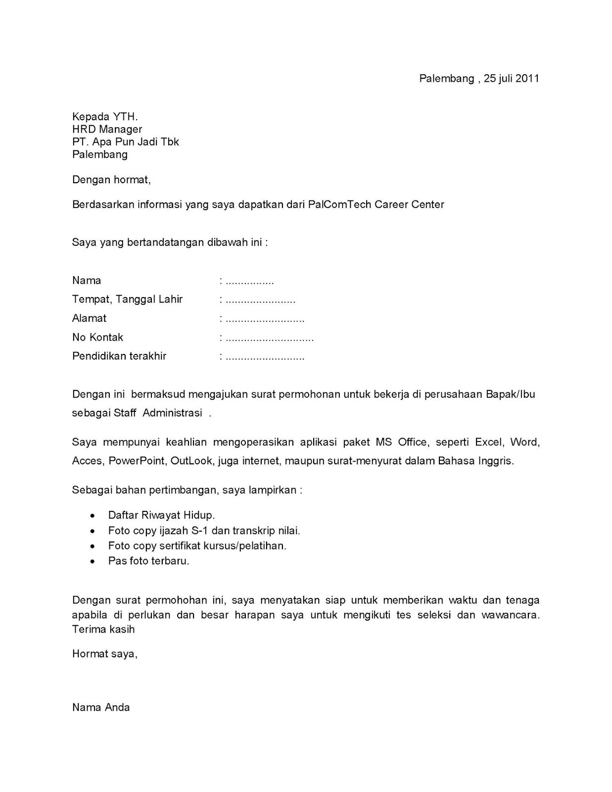 Contoh application letter untuk job fair